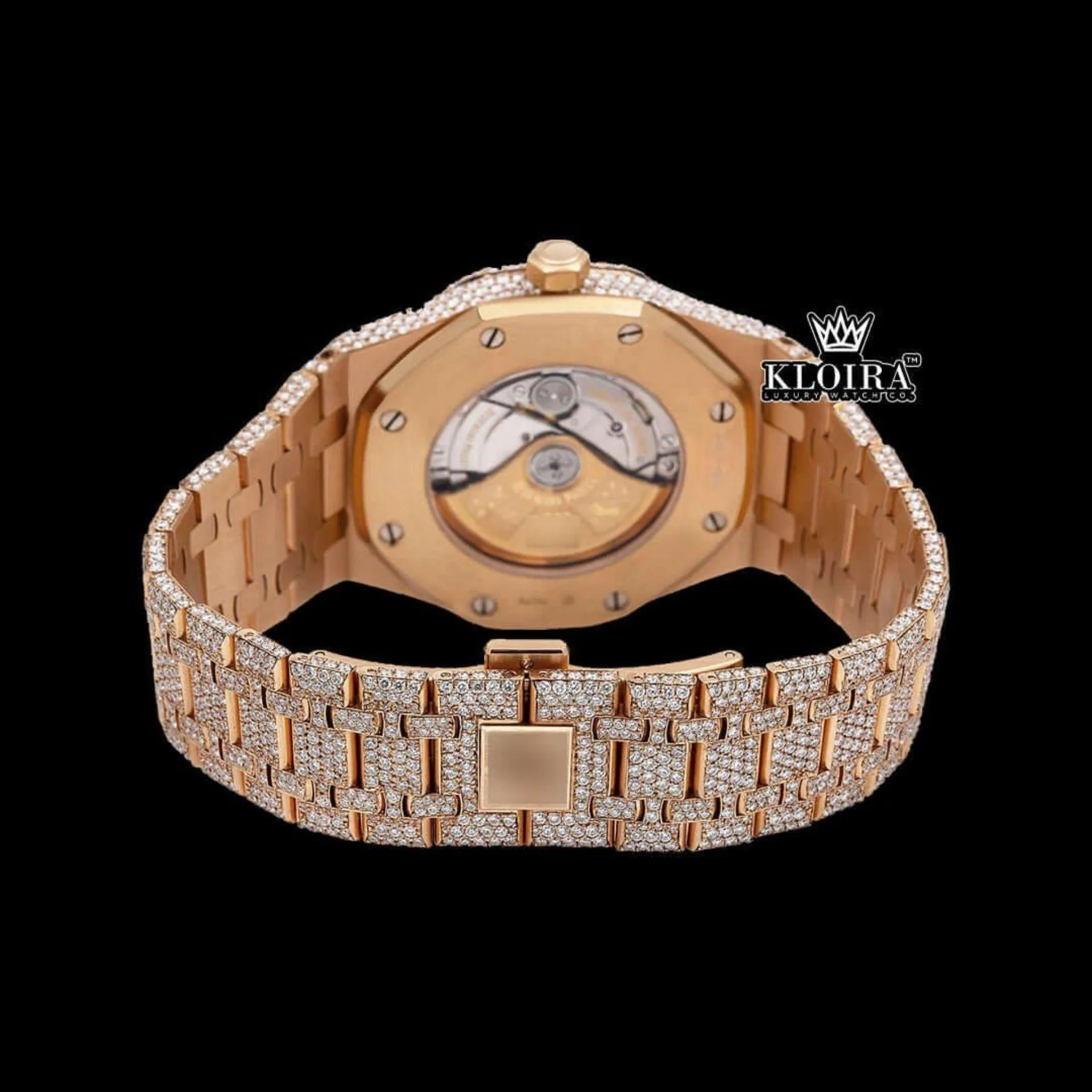 Rose Gold Arabic Numerals Moissanite Fully Iced Diamond Watch Caseback View