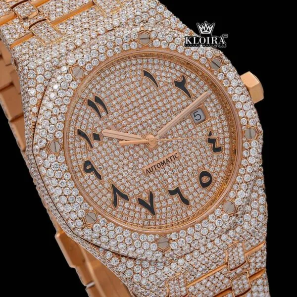 Rose Gold Arabic Numerals Moissanite Fully Iced Diamond Watch Close Up Dial View