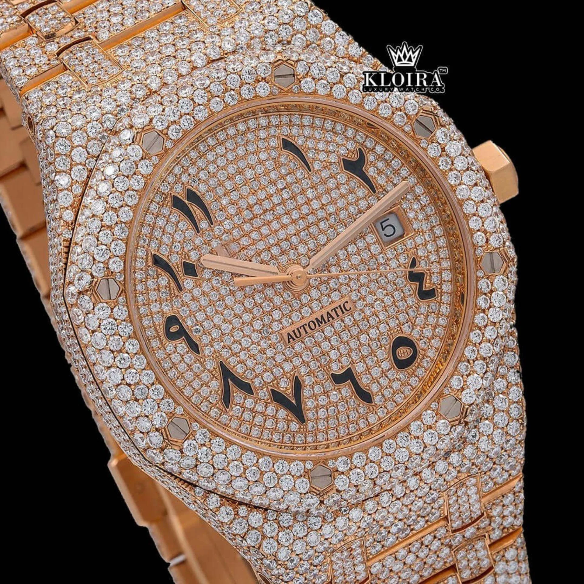 Rose Gold Arabic Numerals Moissanite Fully Iced Diamond Watch Close Up Dial View