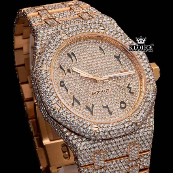 Rose Gold Arabic Numerals Moissanite Fully Iced Diamond Watch Close Up Front View