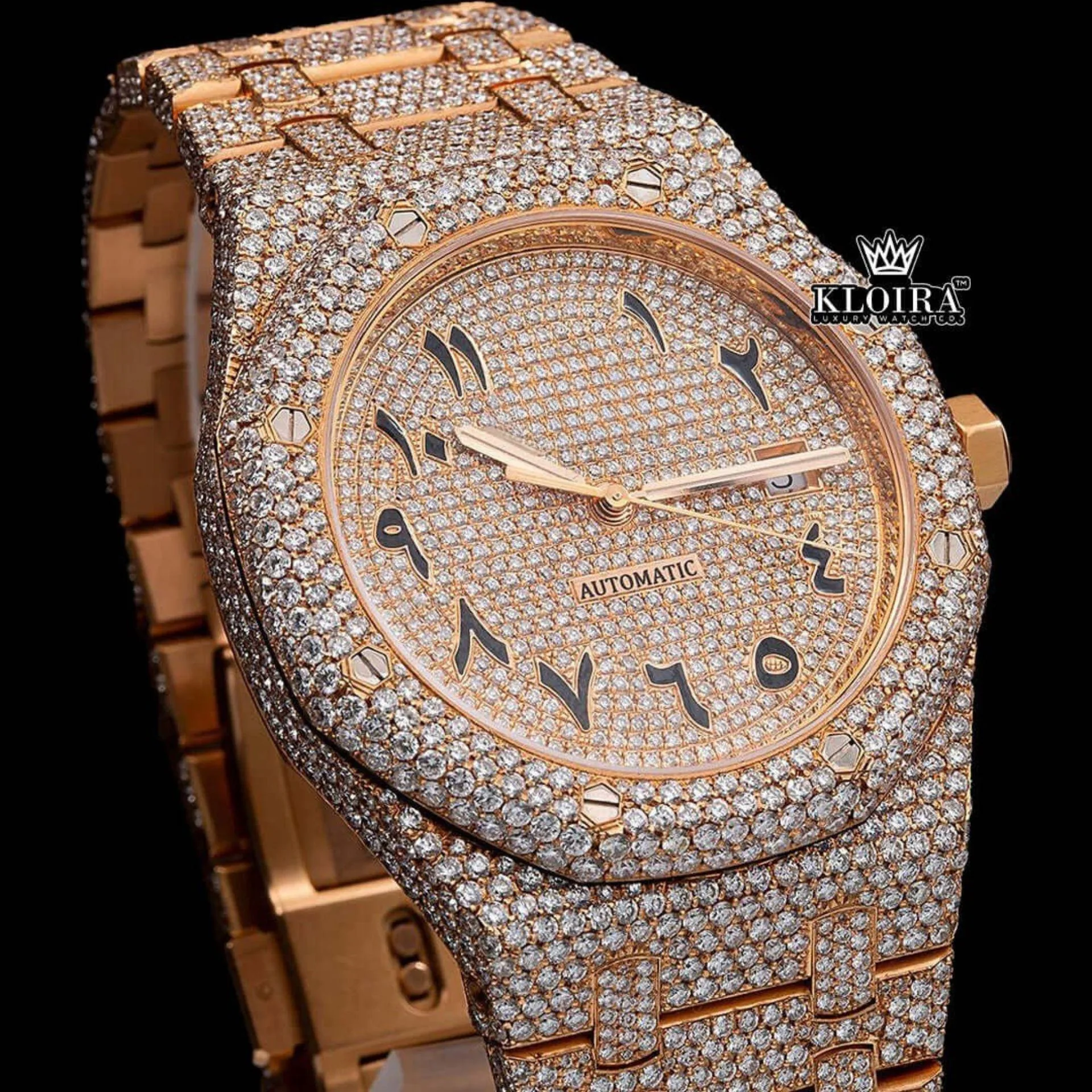 Rose Gold Arabic Numerals Moissanite Fully Iced Diamond Watch Close Up Front View