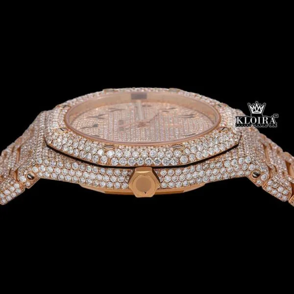 Rose Gold Arabic Numerals Moissanite Fully Iced Diamond Watch Crown View