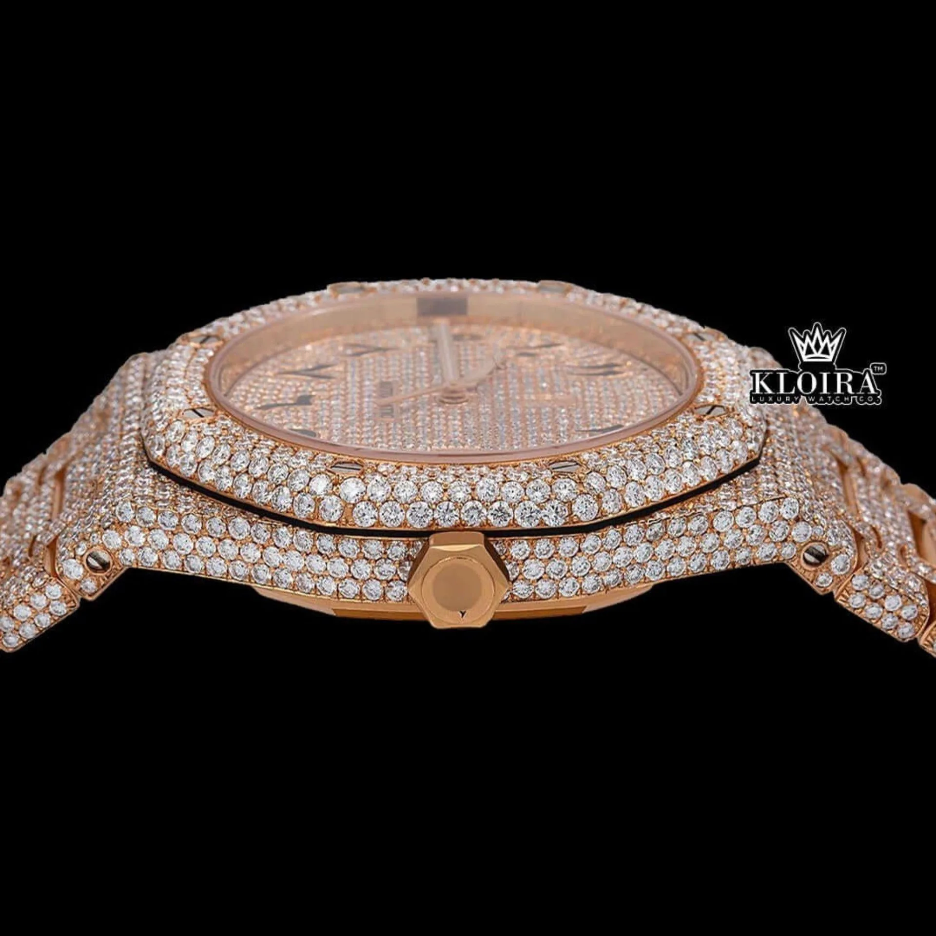 Rose Gold Arabic Numerals Moissanite Fully Iced Diamond Watch Crown View
