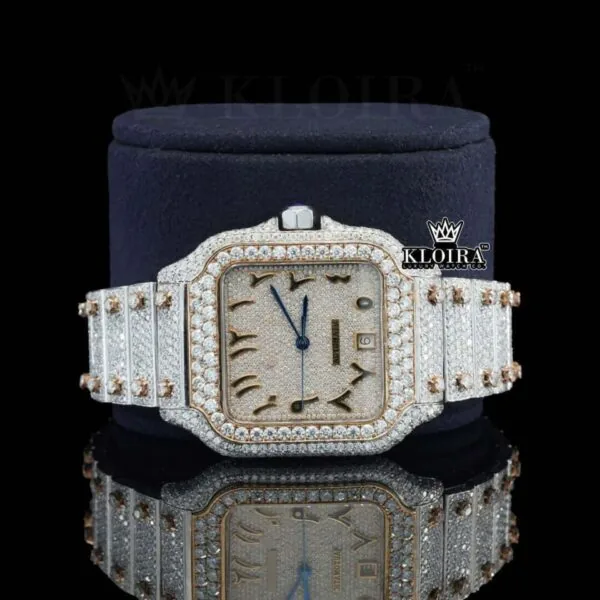 Rose Gold Arabic Numerals Two Tone Moissanite Diamond Watch Front Close Up View