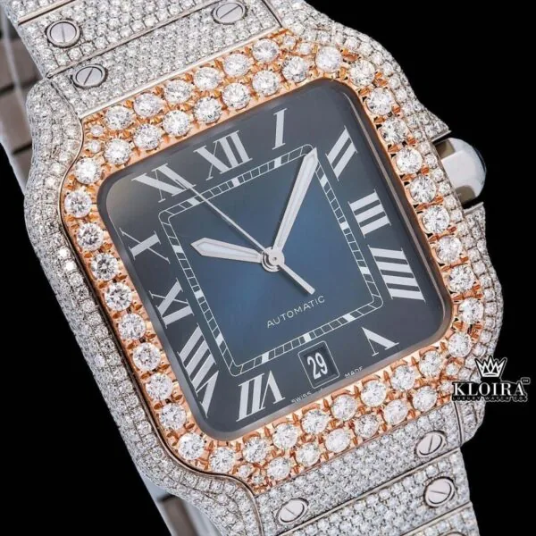 Rose Gold Bezel Blue Roman Dial Two Tone Moissanite Watch Close Up Dial View