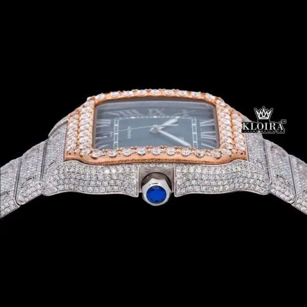 Rose Gold Bezel Blue Roman Dial Two Tone Moissanite Watch Crown View