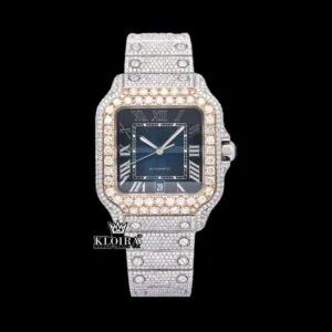 Rose Gold Bezel Blue Roman Dial Two Tone Moissanite Watch