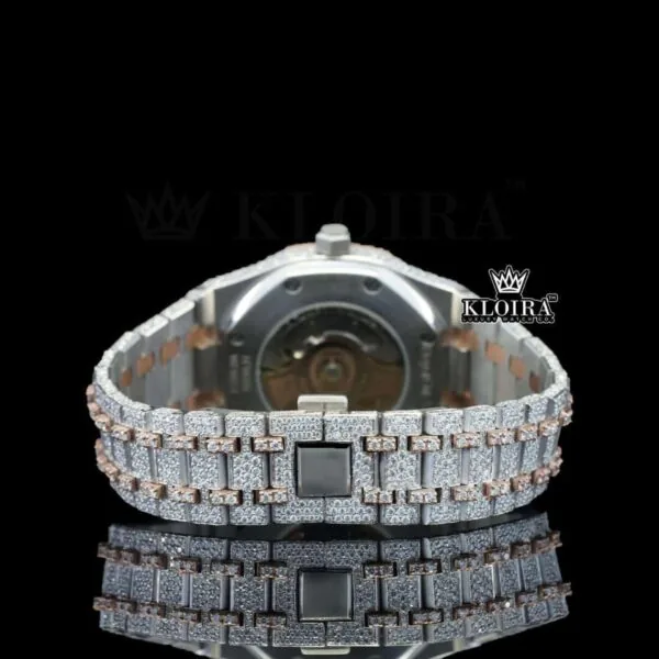 Rose Gold Bezel Geometric Dial Full Iced Out Moissanite Diamond Watch Caseback View