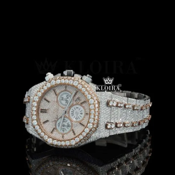 Rose Gold Dial AP Iced Out Two Tone Moissanite Diamond Chrono Watch Left Profile View