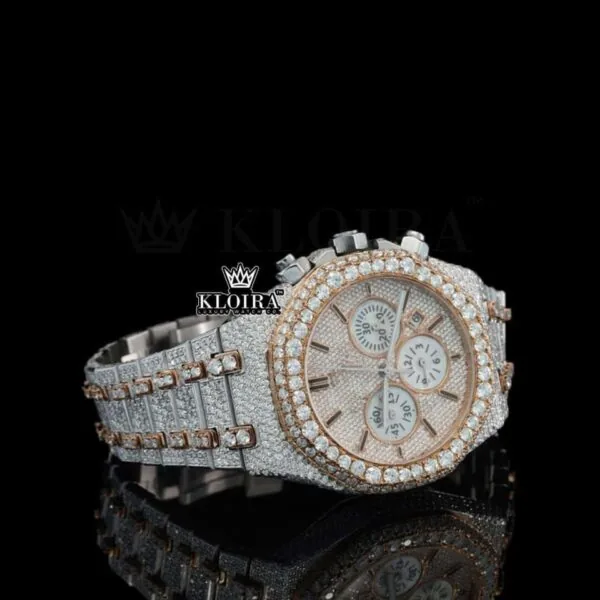 Rose Gold Dial AP Iced Out Two Tone Moissanite Diamond Chrono Watch Right Profile View