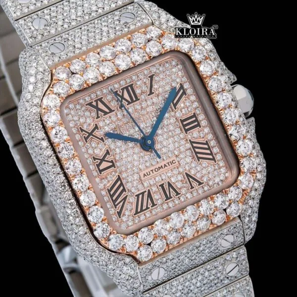 Rose Gold Dial Black Roman Numerals Two Tone Moissanite Watch Close Up Dial View