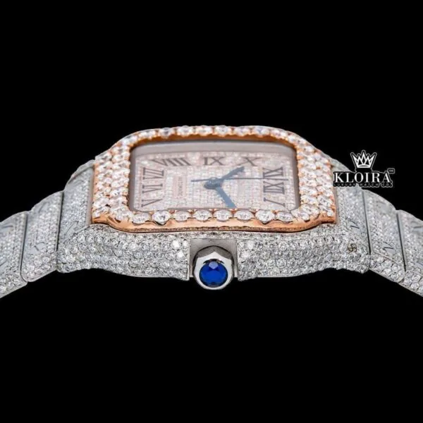 Rose Gold Dial Black Roman Numerals Two Tone Moissanite Watch Crown View