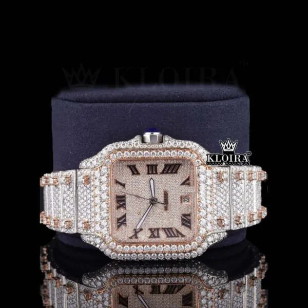 Rose Gold Dial Black Roman Numerals Two Tone Natural Diamond Watch Close Up Front View