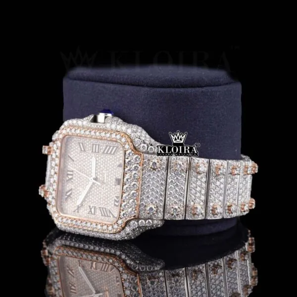 Rose Gold Dial Black Roman Numerals Two Tone Natural Diamond Watch Left Profile View