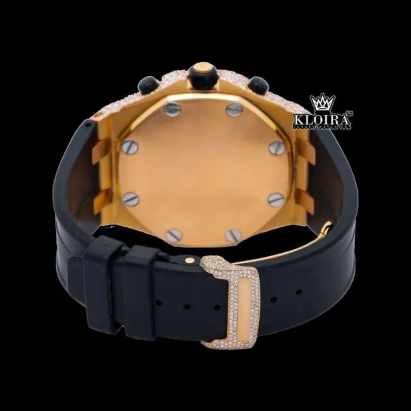 Rose Gold Dial Black Rubber Strap Moissanite Diamond Watch Caseback View