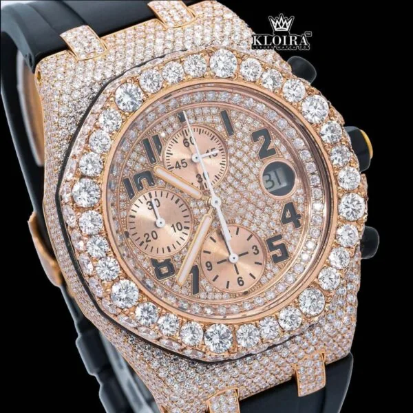 Rose Gold Dial Black Rubber Strap Moissanite Diamond Watch Close Up Dial View