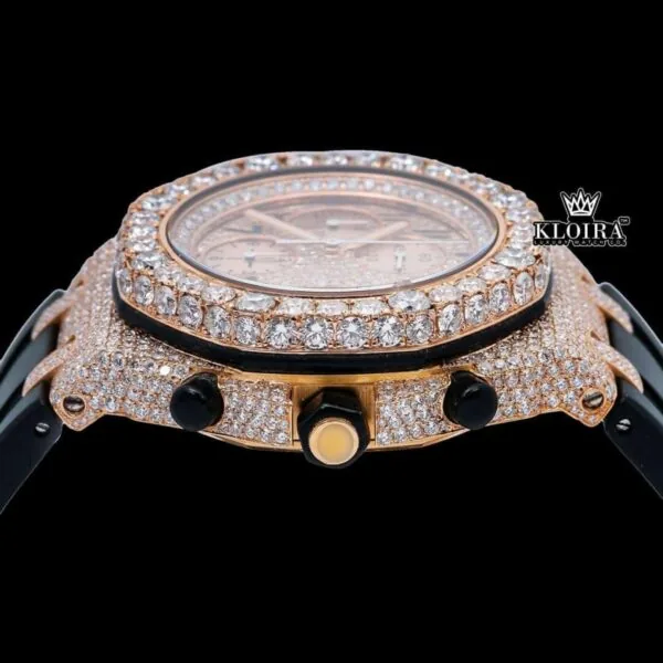 Rose Gold Dial Black Rubber Strap Moissanite Diamond Watch Crown View