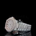 Rose Gold Dial Black Stick Markers Moissanite Diamond Watch Left Profile View