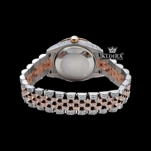 Rose gold Dial Blue Arabic Numerals Two Tone Iced Moissanite Diamond Watch Caseback View