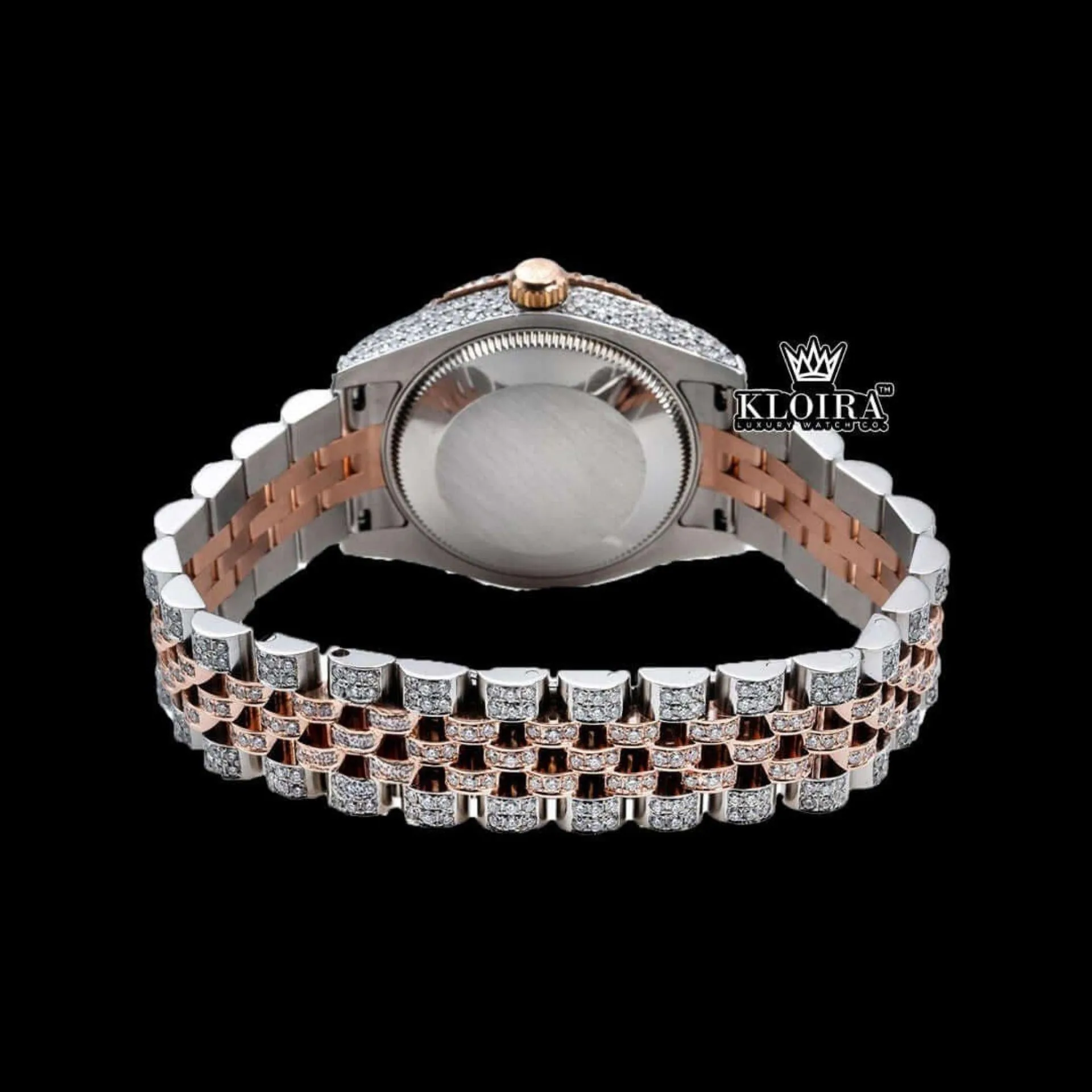 Rose gold Dial Blue Arabic Numerals Two Tone Iced Moissanite Diamond Watch Caseback View
