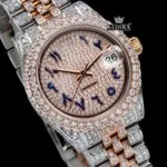 Rose gold Dial Blue Arabic Numerals Two Tone Iced Moissanite Diamond Watch Close Up Dial View