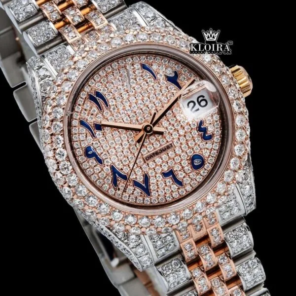 Rose gold Dial Blue Arabic Numerals Two Tone Iced Moissanite Diamond Watch Close Up Dial View