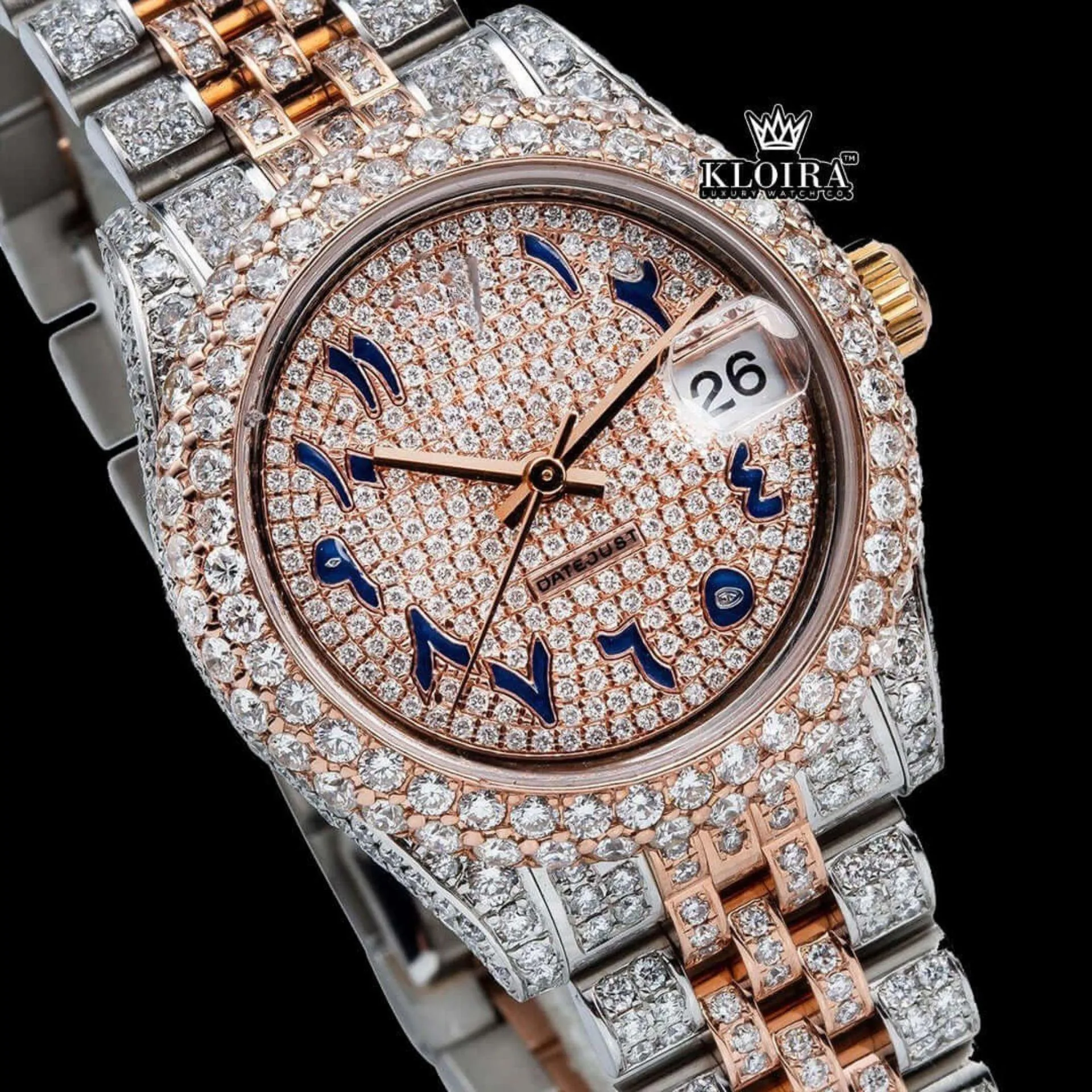 Rose gold Dial Blue Arabic Numerals Two Tone Iced Moissanite Diamond Watch Close Up Dial View