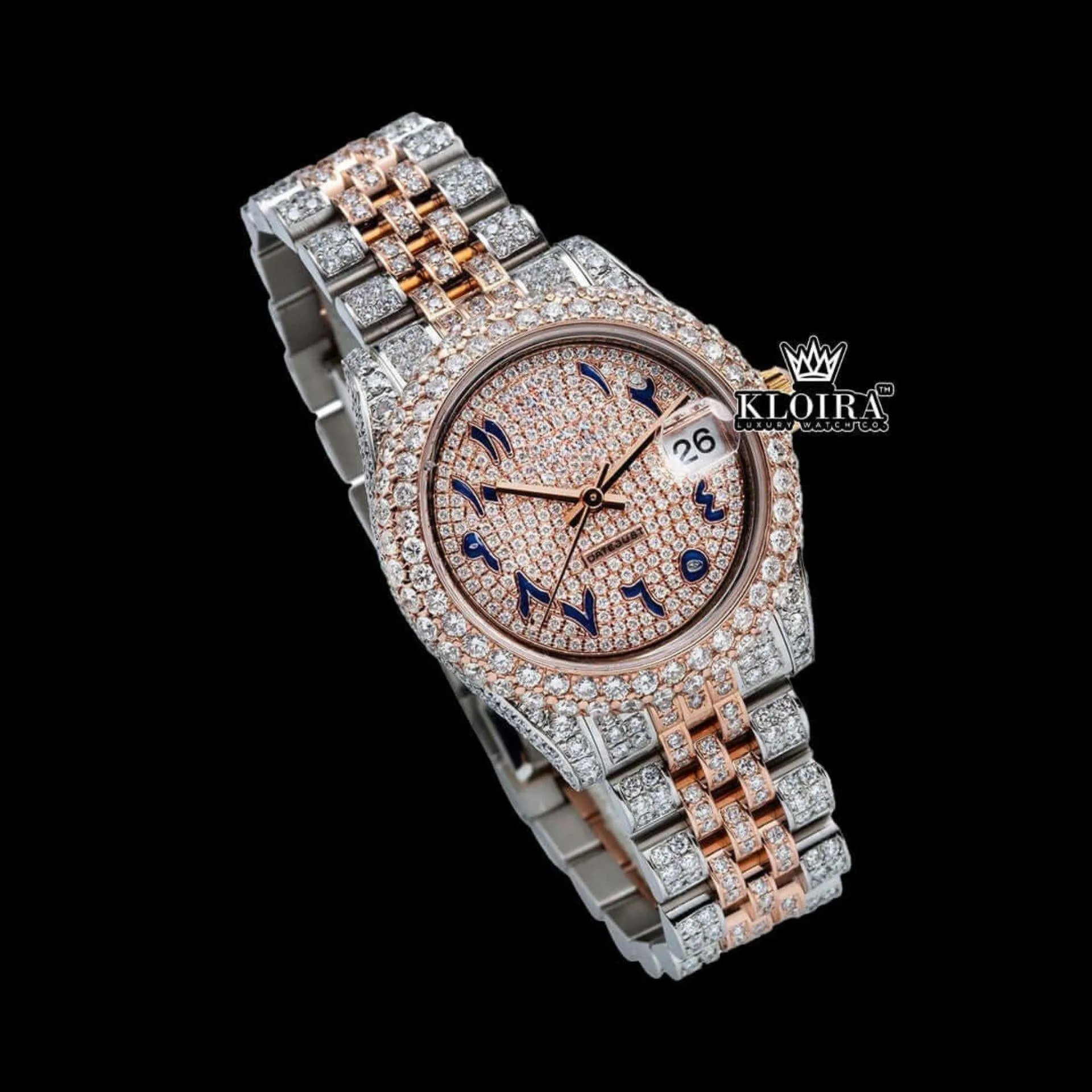 Rose gold Dial Blue Arabic Numerals Two Tone Iced Moissanite Diamond Watch Close Up Front View