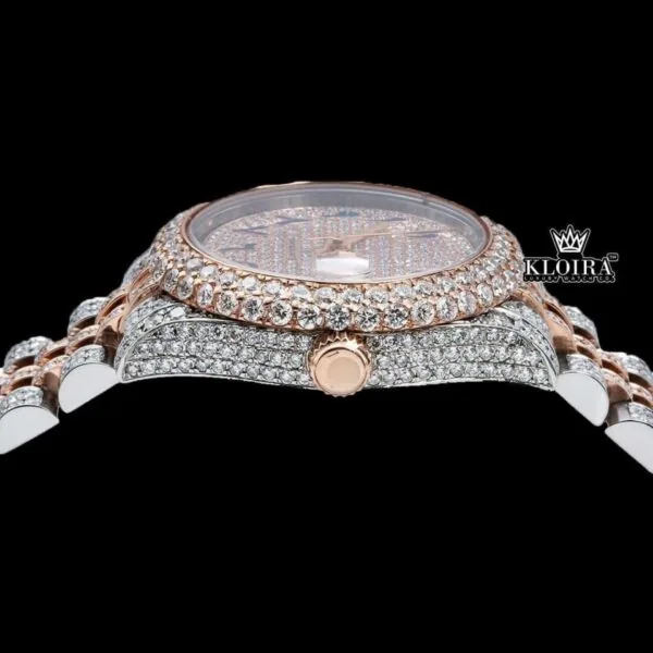 Rose gold Dial Blue Arabic Numerals Two Tone Iced Moissanite Diamond Watch Crown View
