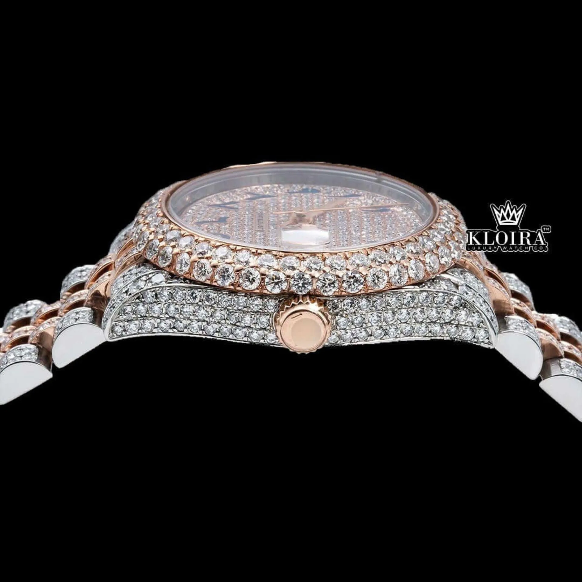 Rose gold Dial Blue Arabic Numerals Two Tone Iced Moissanite Diamond Watch Crown View
