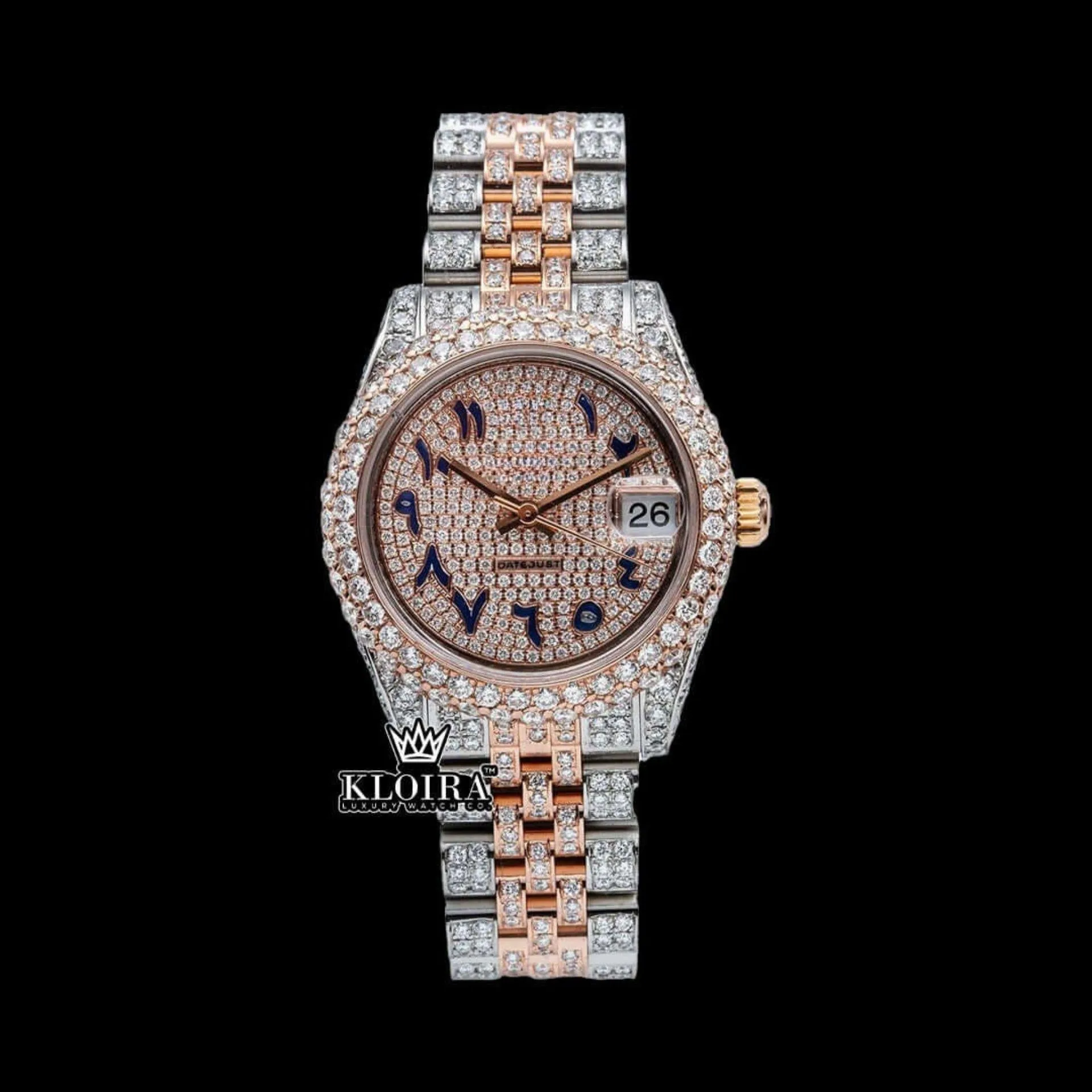 Rose gold Dial Blue Arabic Numerals Two Tone Iced Moissanite Diamond Watch Front View