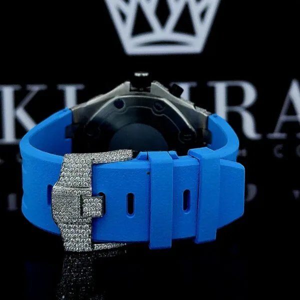 Rose Gold Dial Blue Rubber Strap Full Iced Out Moissanite Chronograph Watch Caseback View