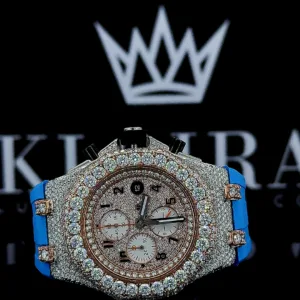 Rose Gold Dial Blue Rubber Strap Full Iced Out Moissanite Chronograph Watch