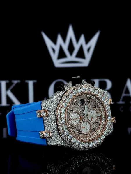 Rose Gold Dial Blue Rubber Strap Full Iced Out Moissanite Chronograph Watch Right Side View