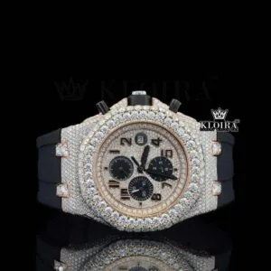 Rose Gold Dial Chronograph Black Rubber Strap Moissanite Diamond Watch
