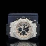 Rose Gold Dial Chronograph Black Rubber Strap Moissanite Watch Close Up Front View