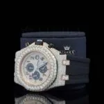 Rose Gold Dial Chronograph Black Rubber Strap Moissanite Watch Left Profile View