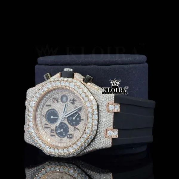 Rose Gold Dial Chronograph Black Rubber Strap Moissanite Watch Left Profile View