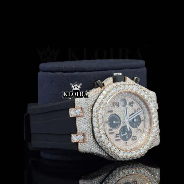 Rose Gold Dial Chronograph Black Rubber Strap Moissanite Watch Right Profile View
