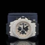 Rose Gold Dial Chronograph Black Standard Numerals Moissanite Watch Close Up Front View