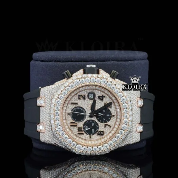 Rose Gold Dial Chronograph Black Standard Numerals Moissanite Watch Close Up Front View