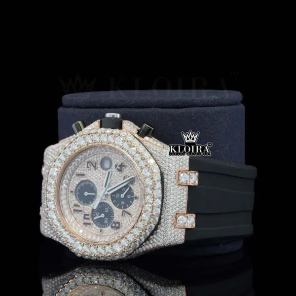 Rose Gold Dial Chronograph Black Standard Numerals Moissanite Watch Left Profile View