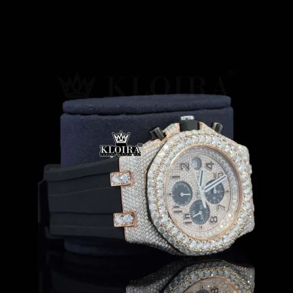 Rose Gold Dial Chronograph Black Standard Numerals Moissanite Watch Right Profile View