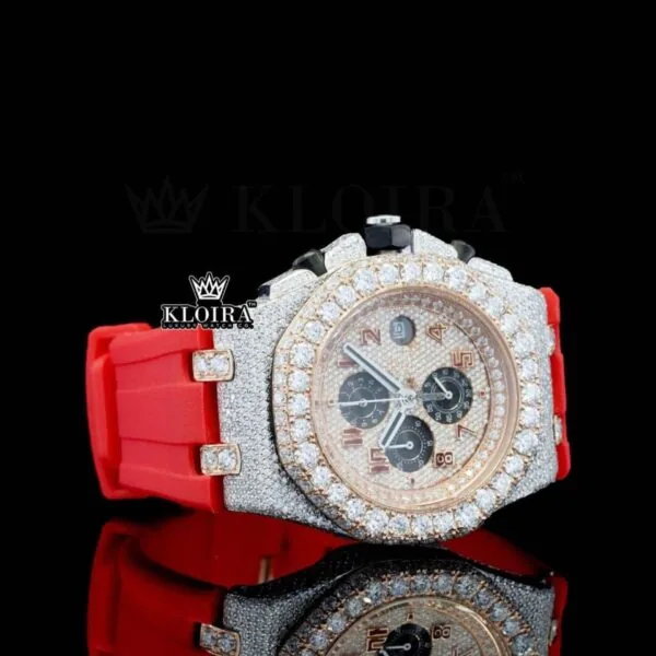 Rose Gold Dial Chronograph Red Rubber Strap Moissanite Diamond Watch Right Profile View