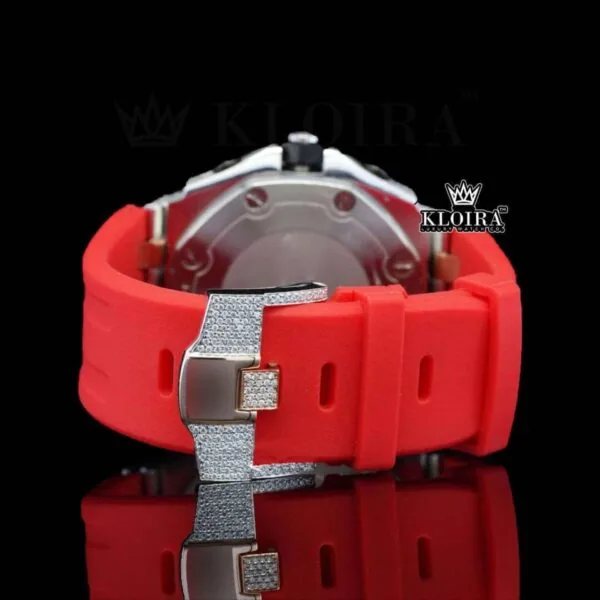 Rose Gold Dial Chronograph Red Rubber Strap Moissanite Diamond Watch Strap View
