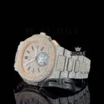 Rose Gold Dial Chronograph Two Tone Moissanite Diamond Watch Close Up Front View
