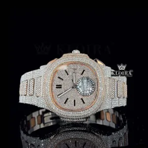Rose Gold Dial Chronograph Two Tone Moissanite Diamond Watch