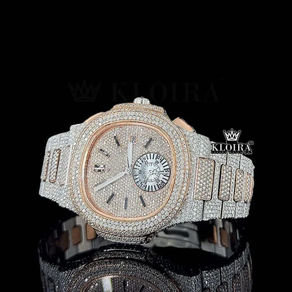Rose Gold Dial Chronograph Two Tone Moissanite Diamond Watch Left Profile View