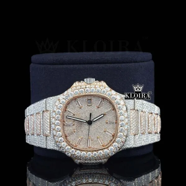 Rose Gold Dial Diamond Markers Two Tone Iced Out Moissanite Watch Close Up Front View