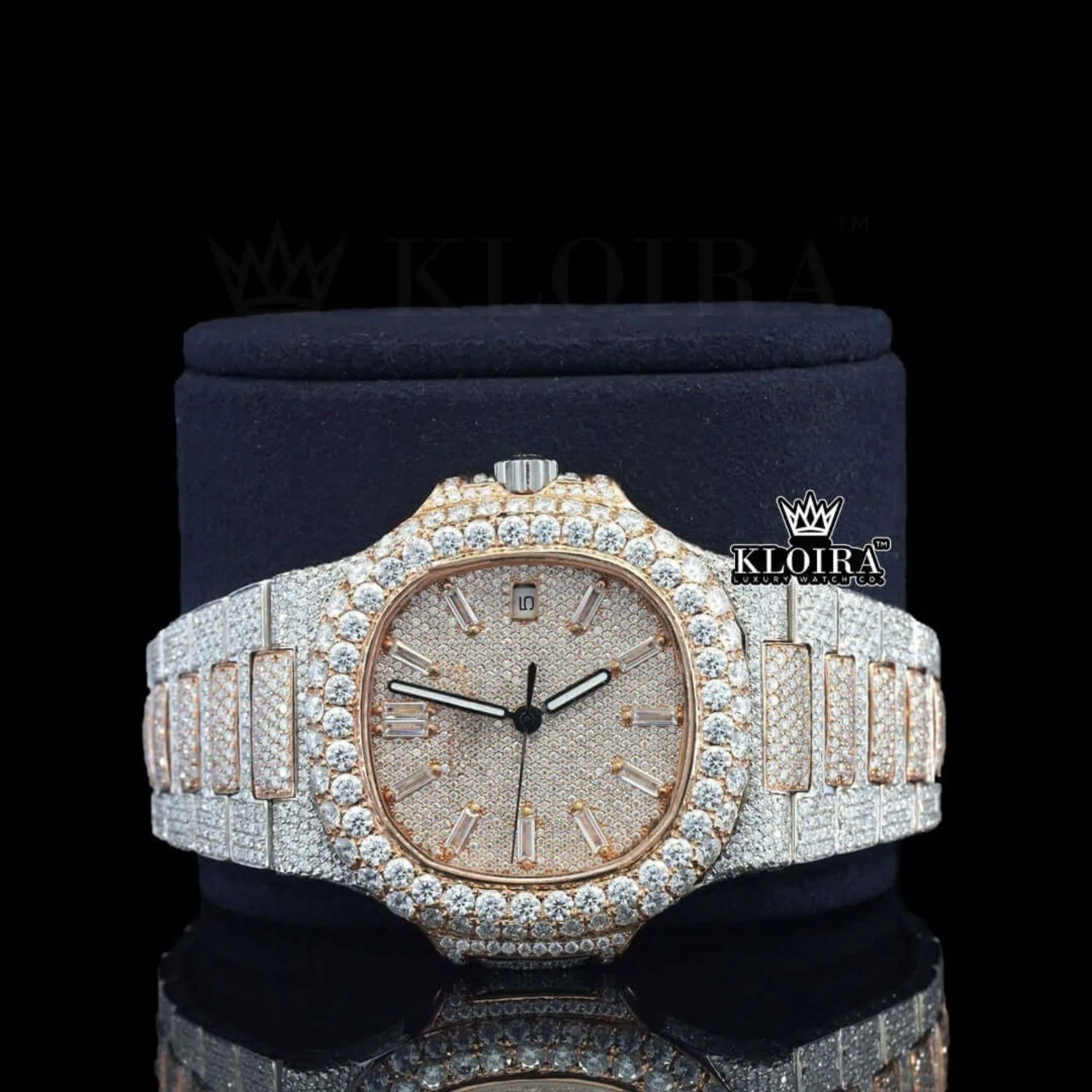 Rose Gold Dial Diamond Markers Two Tone Iced Out Moissanite Watch Close Up Front View